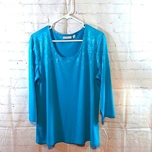 Y2K Susan Graver  Embellished Print Teal Design Top 3/4 Sleeves XL